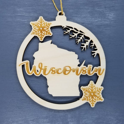 Wisconsin Wood Ornament - WI State Shape with Snowflakes Cutout - 15380