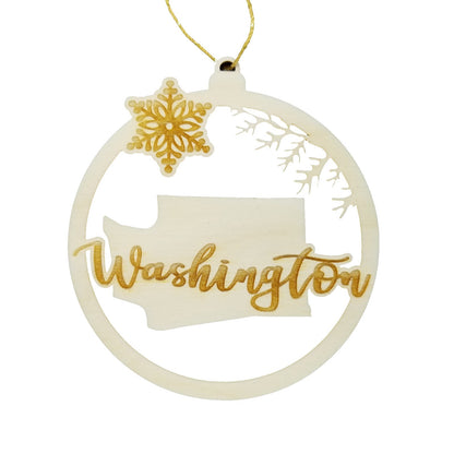 Washington Wood Ornament -  WA State Shape with Snowflakes Cutout - Handmade Made in USA Christmas Decor