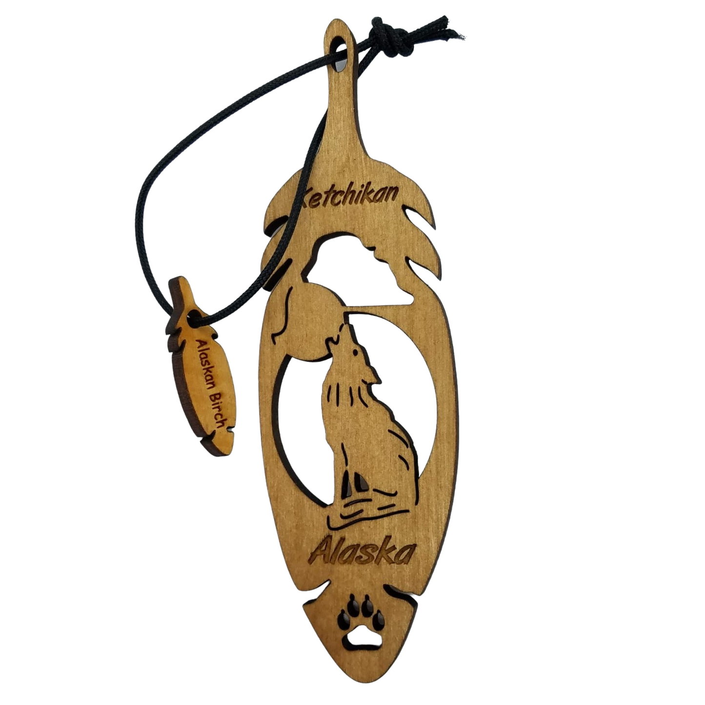 Ketchikan Alaska Wolf Christmas Ornament Wood Handmade in USA Souvenir Memento Feather 5.375" - 15055