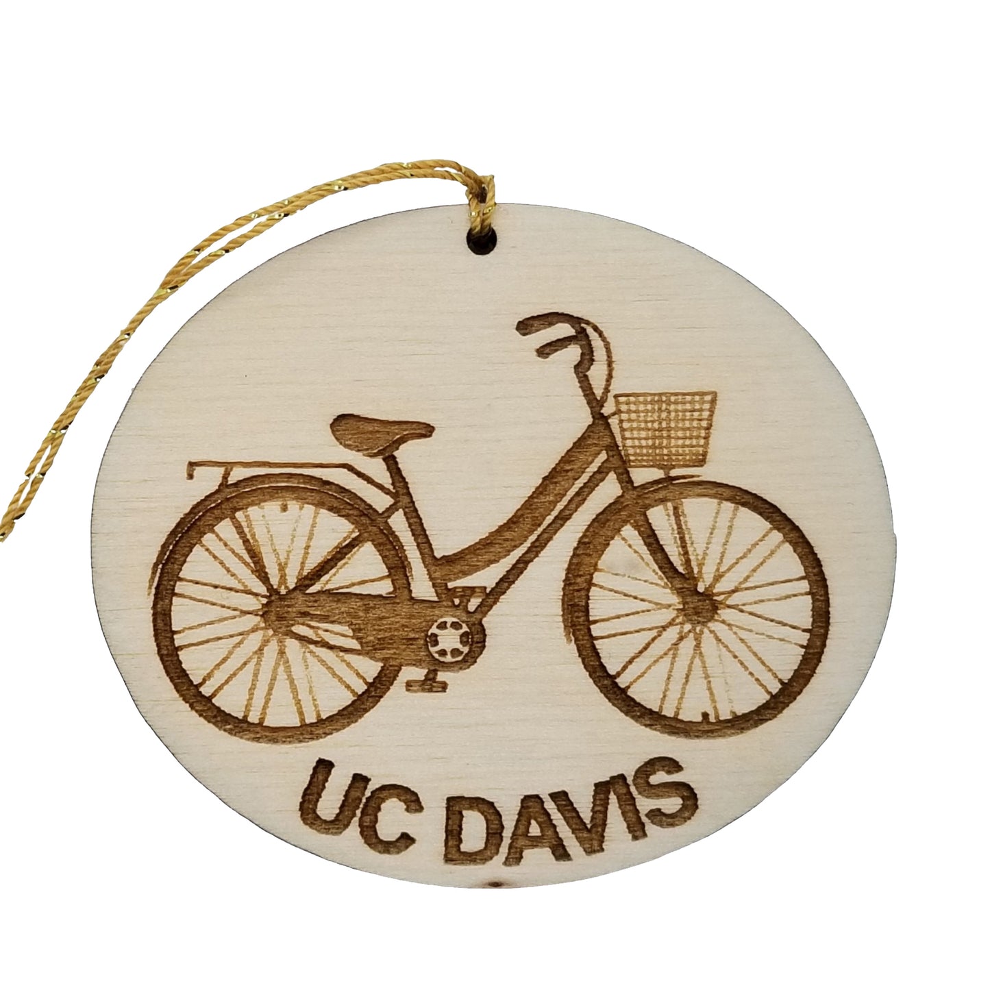 UC Davis Wood Ornament - Womens Bicycle with Basket and Bike Rack - 15030