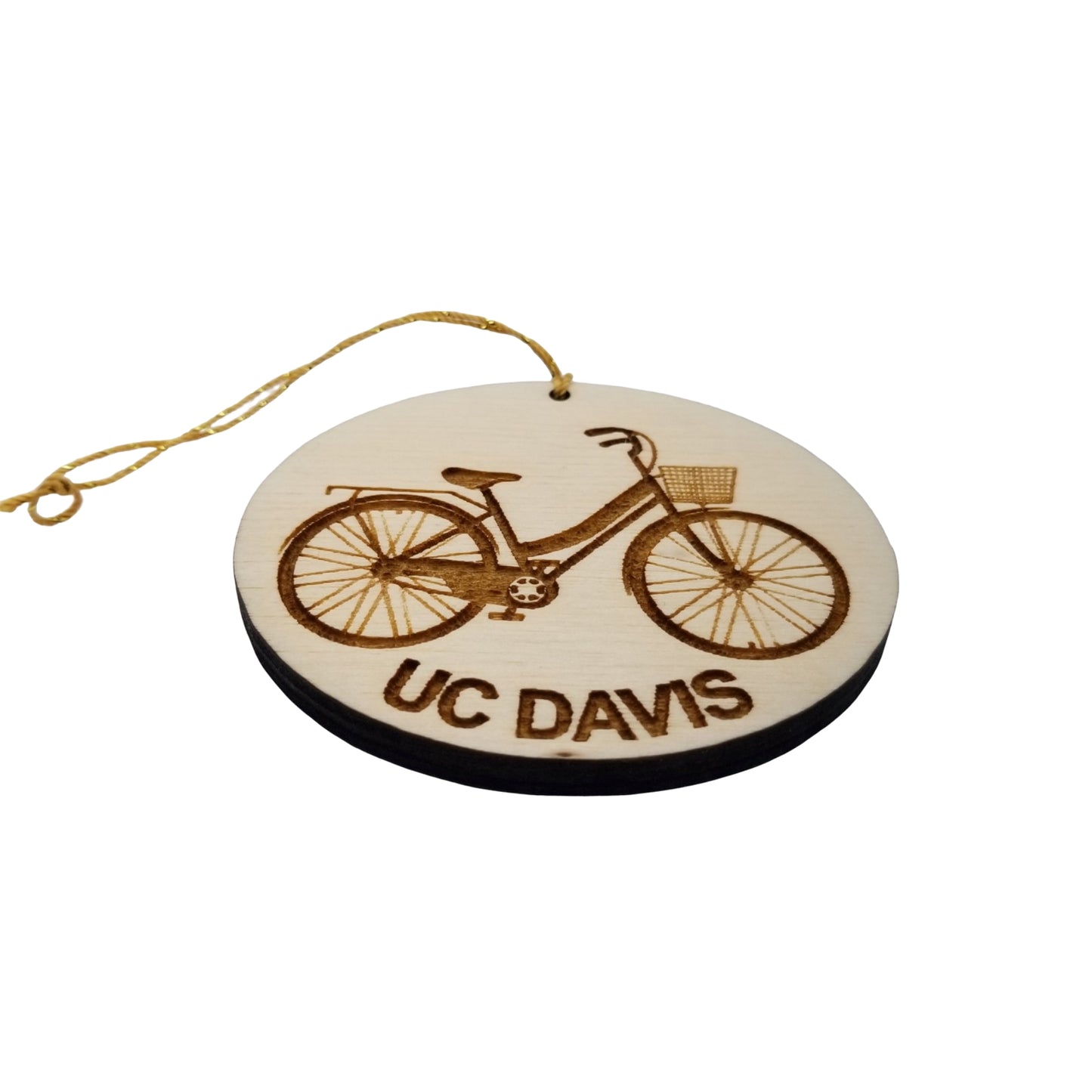 UC Davis Wood Ornament - Womens Bicycle with Basket and Bike Rack - 15030