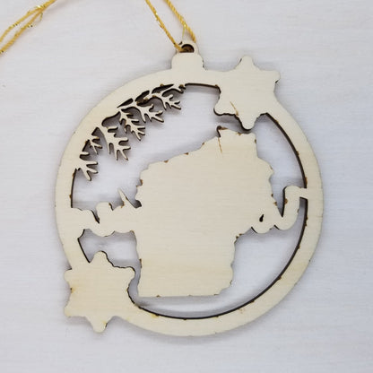 Wisconsin Wood Ornament - WI State Shape with Snowflakes Cutout - 15380