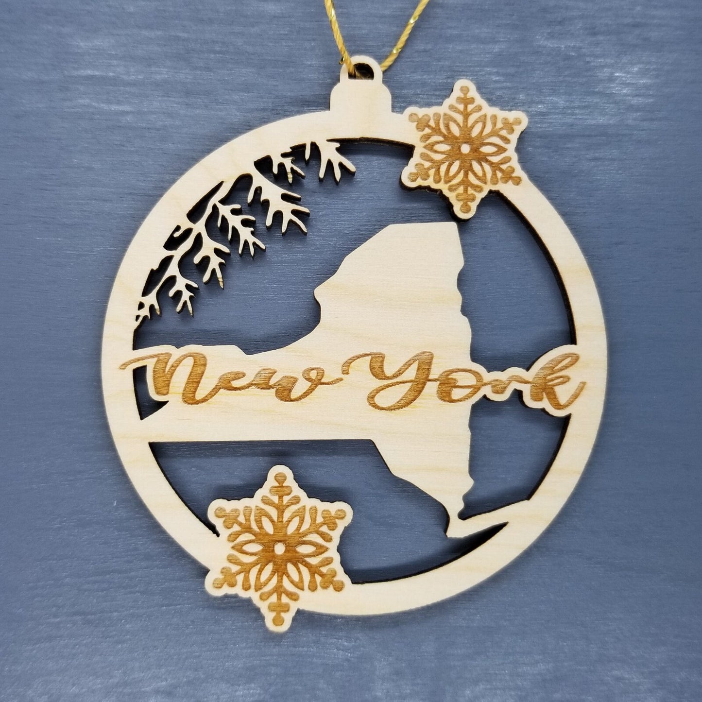 New York Wood Ornament - NY State Shape with Snowflakes Cutout - Souvenir - 15382