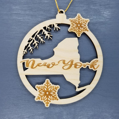 New York Wood Ornament - NY State Shape with Snowflakes Cutout - Souvenir - 15382