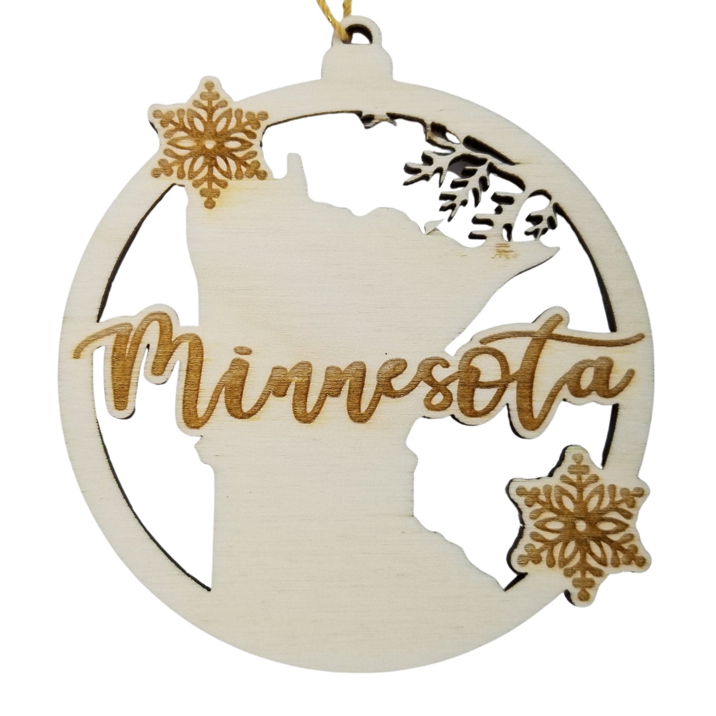 Minnesota Wood Ornament -  MN State Shape with Snowflakes Cutout - Handmade in USA - 15398