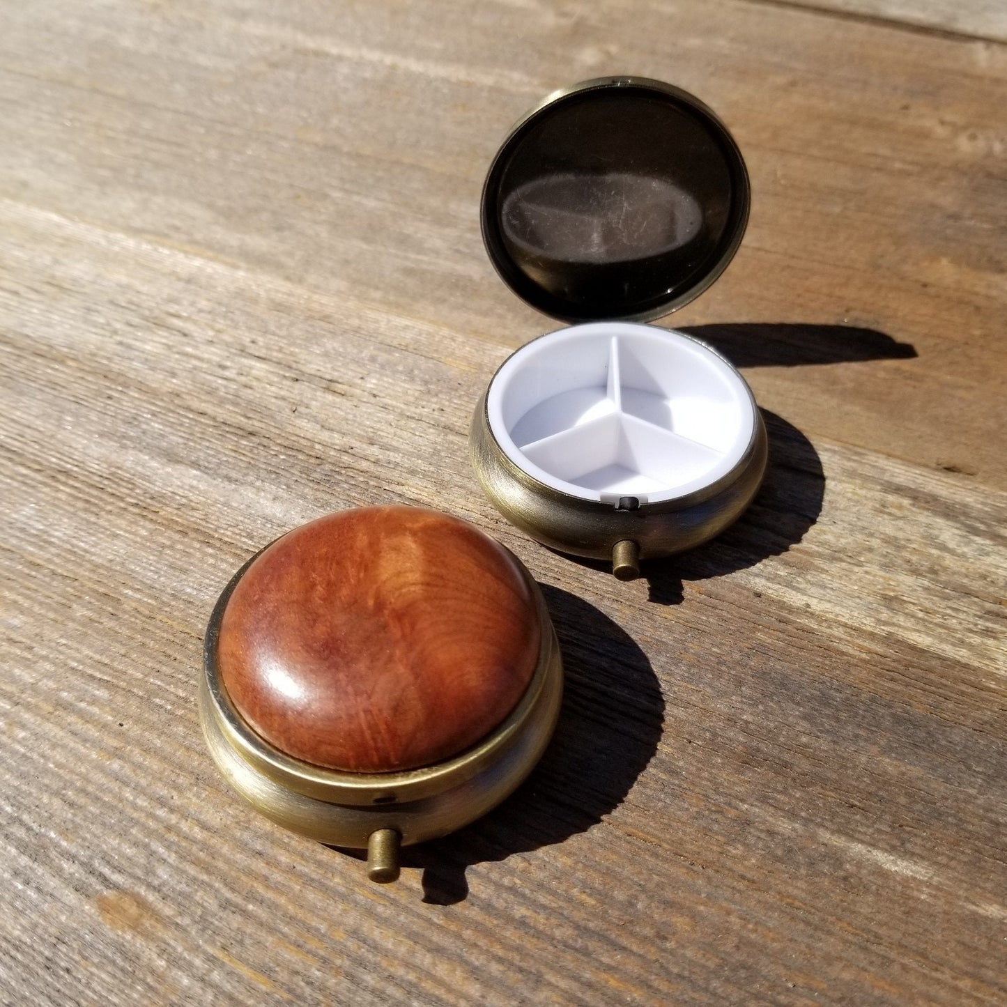 California Burl  Handmade Pill Box 3 Sections Redwood Top Souvenir - 1015 ASST