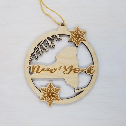 New York Wood Ornament - NY State Shape with Snowflakes Cutout - Souvenir - 15382