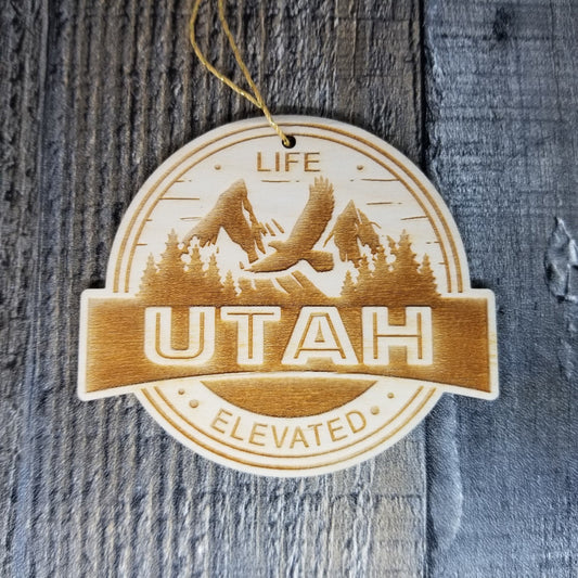 Utah Wood Ornament -  UT Life Elevated - Eagle Flying Mountains and Trees Handmade Made in USA Christmas Decor Travel Gift Souvenir - 15444
