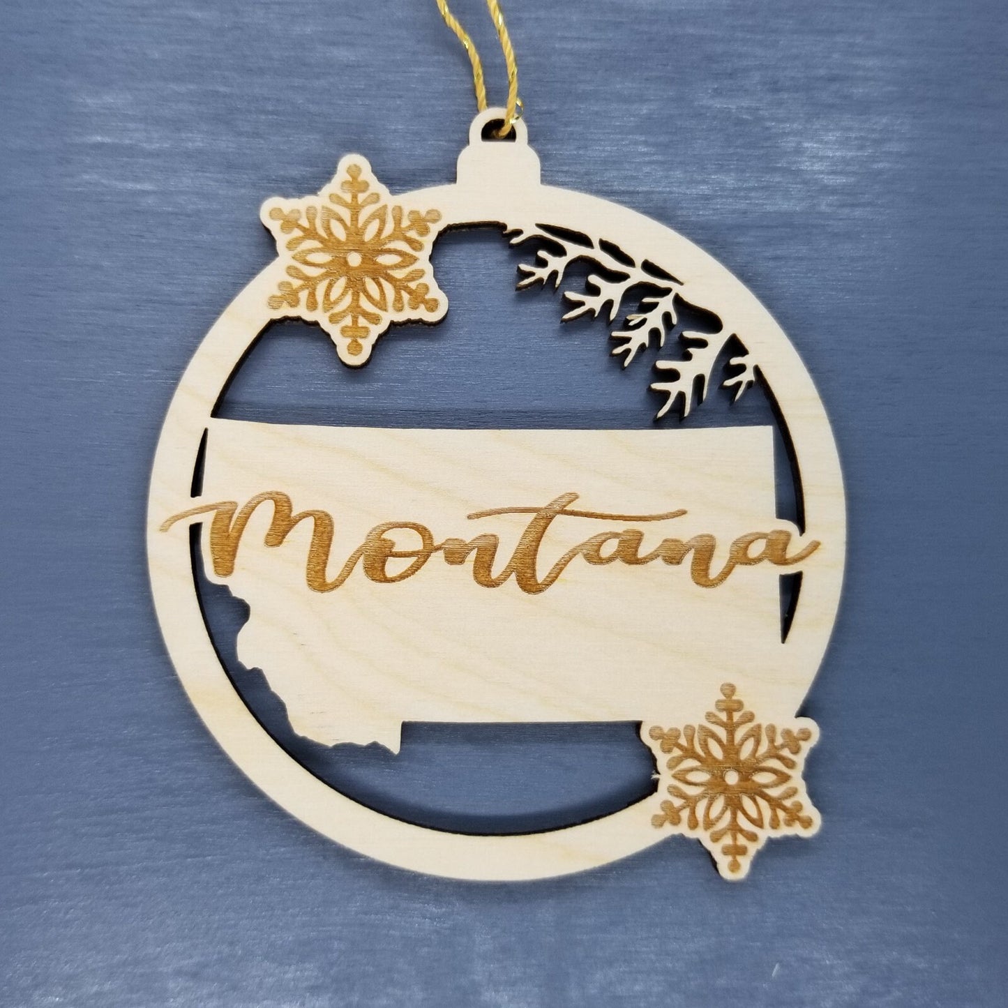 Montana Ornament - State Shape with Snowflakes Cutout MT - Handmade Wood Souvenir - 15433