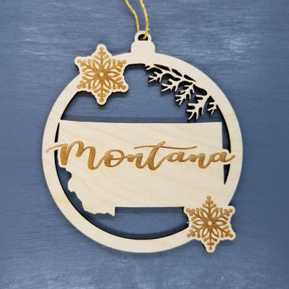 Montana Ornament - State Shape with Snowflakes Cutout MT - Handmade Wood Souvenir - 15433