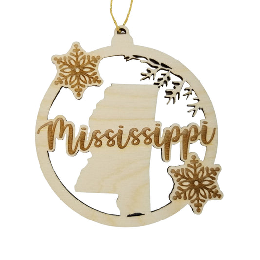 Mississippi Wood Ornament -  MS State Shape with Snowflakes Cutout - Handmade in USA - 15385