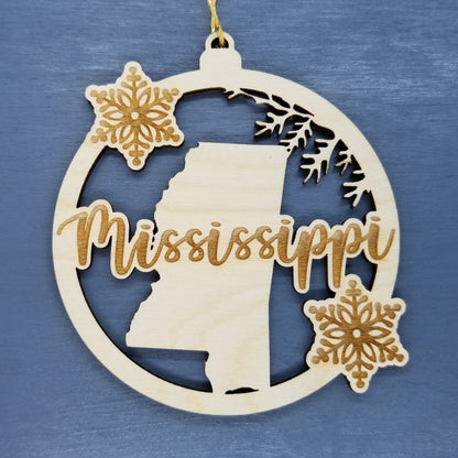 Mississippi Wood Ornament -  MS State Shape with Snowflakes Cutout - Handmade in USA - 15385