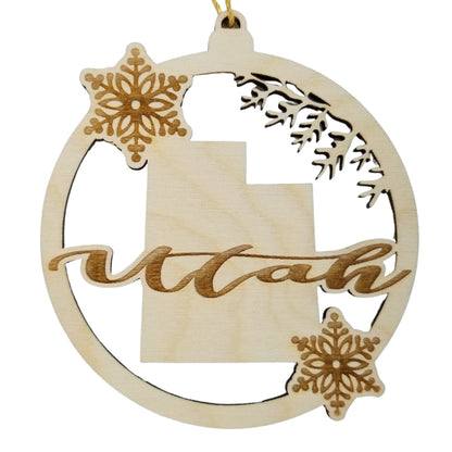 Utah Wood Ornament -  State Shape with Snowflakes UT Cutout - 15409
