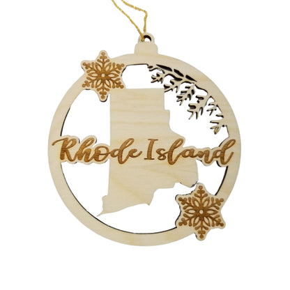 Rhode Island Wood Ornament -  State Shape with Snowflakes Cutout RI - Handmade Wood Ornament Made in USA Christmas Decor