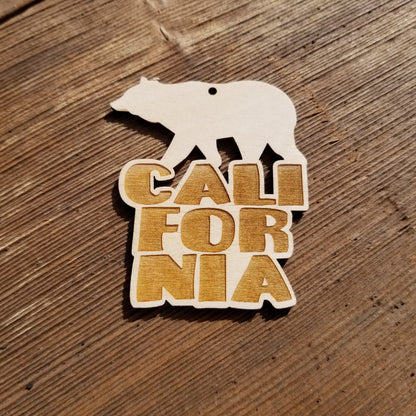 California Bear Christmas Ornament Bubble Spellout Letters Handmade Wood Ornament Made in USA Laser Cut Cutout Shape CA Souvenir