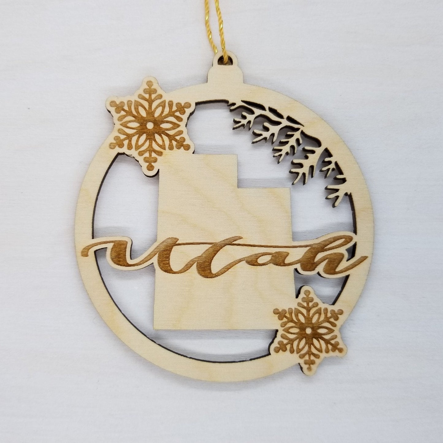Utah Wood Ornament -  State Shape with Snowflakes UT Cutout - 15409