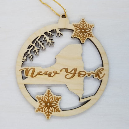 New York Wood Ornament - NY State Shape with Snowflakes Cutout - Souvenir - 15382