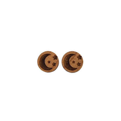 Crescent Moon and Stars Earrings - Cherry Wood Earrings - Stud Earrings - Post Earrings - Night Sky Celestial