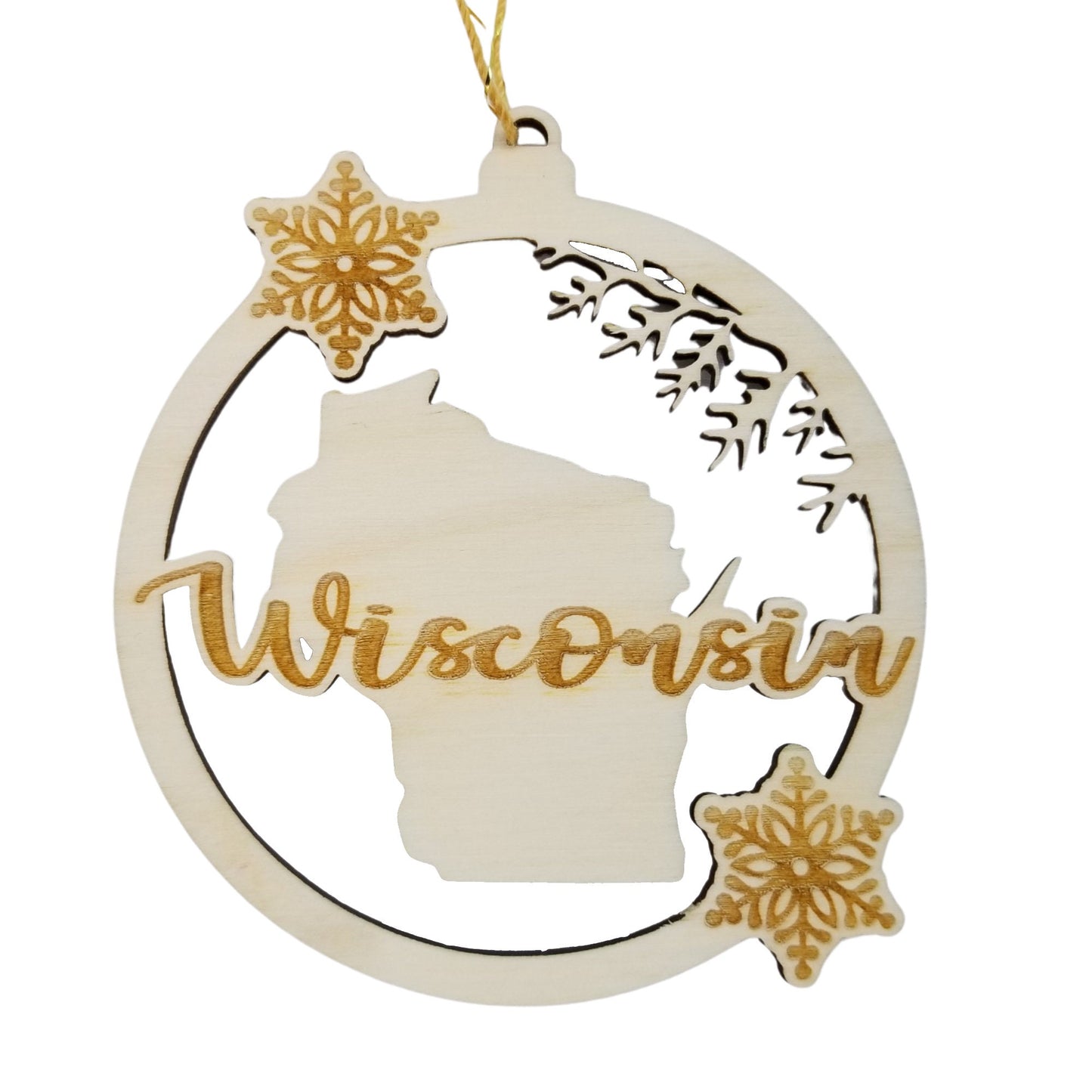 Wisconsin Wood Ornament - WI State Shape with Snowflakes Cutout - 15380