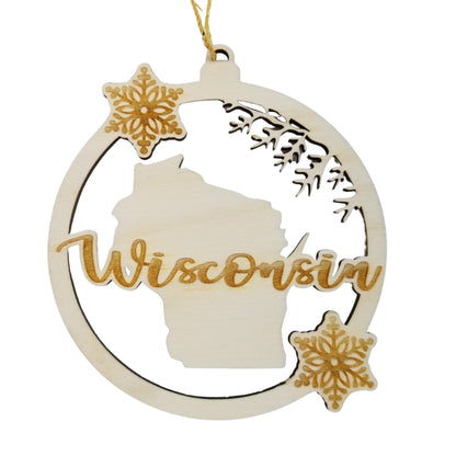 Wisconsin Wood Ornament - WI State Shape with Snowflakes Cutout - 15380