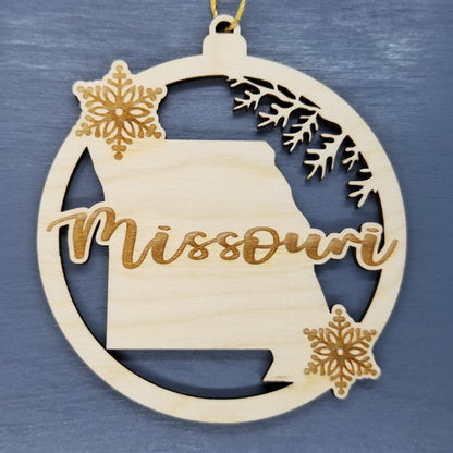 Missouri Wood Ornament -  MO State Shape with Snowflakes Cutout - Handmade Souvenir - 15402