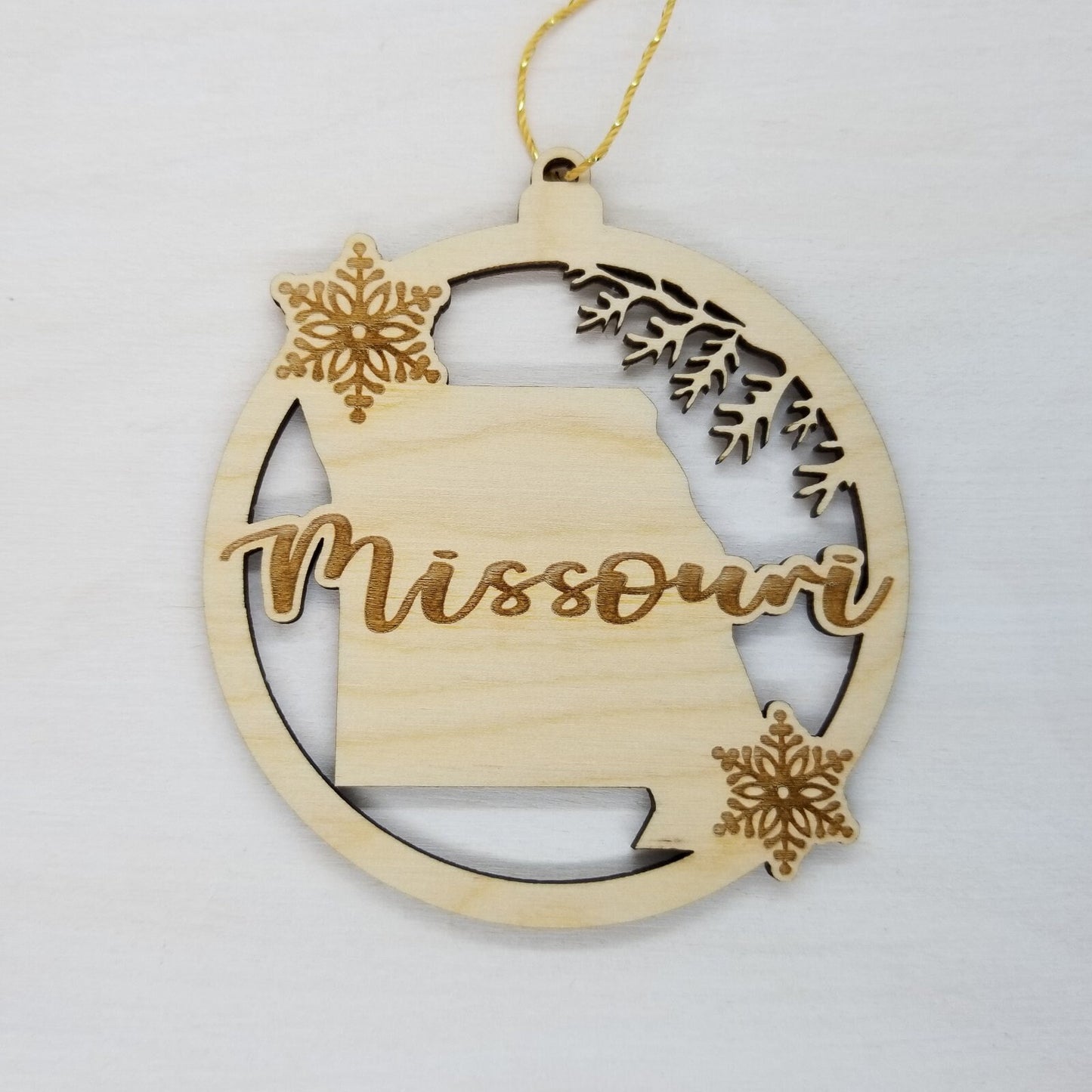 Missouri Wood Ornament -  MO State Shape with Snowflakes Cutout - Handmade Souvenir - 15402