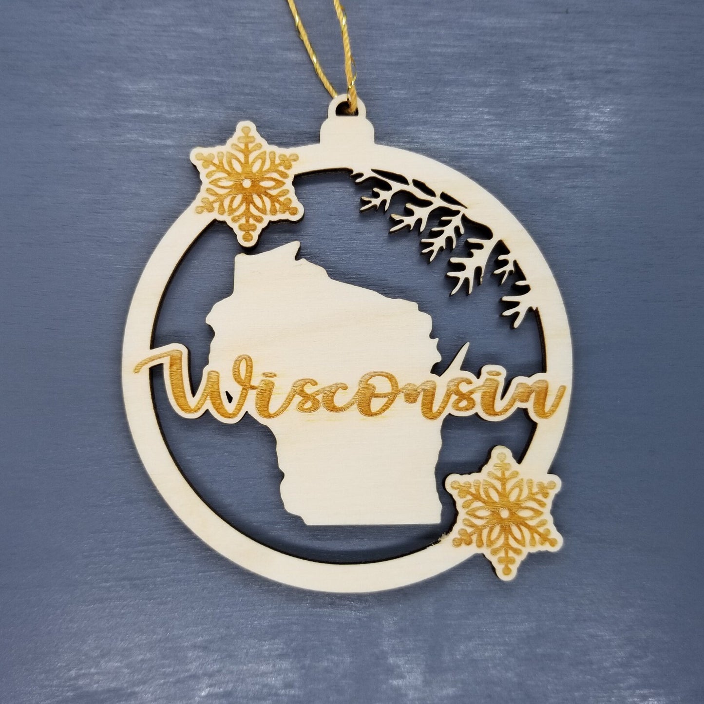 Wisconsin Wood Ornament - WI State Shape with Snowflakes Cutout - 15380