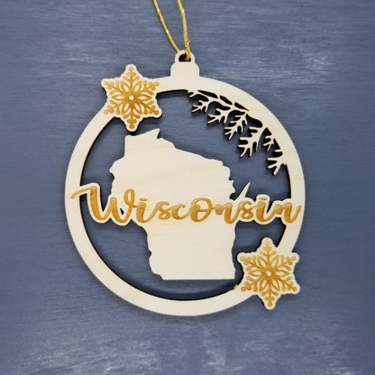 Wisconsin Wood Ornament - WI State Shape with Snowflakes Cutout - 15380