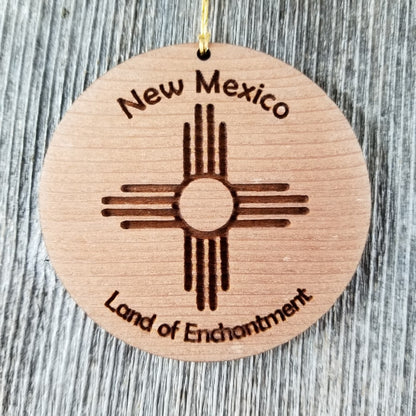 New Mexico Wood Ornament Land of Enchantment Zia Flag Symbol Handmade in USA Souvenir - 15010