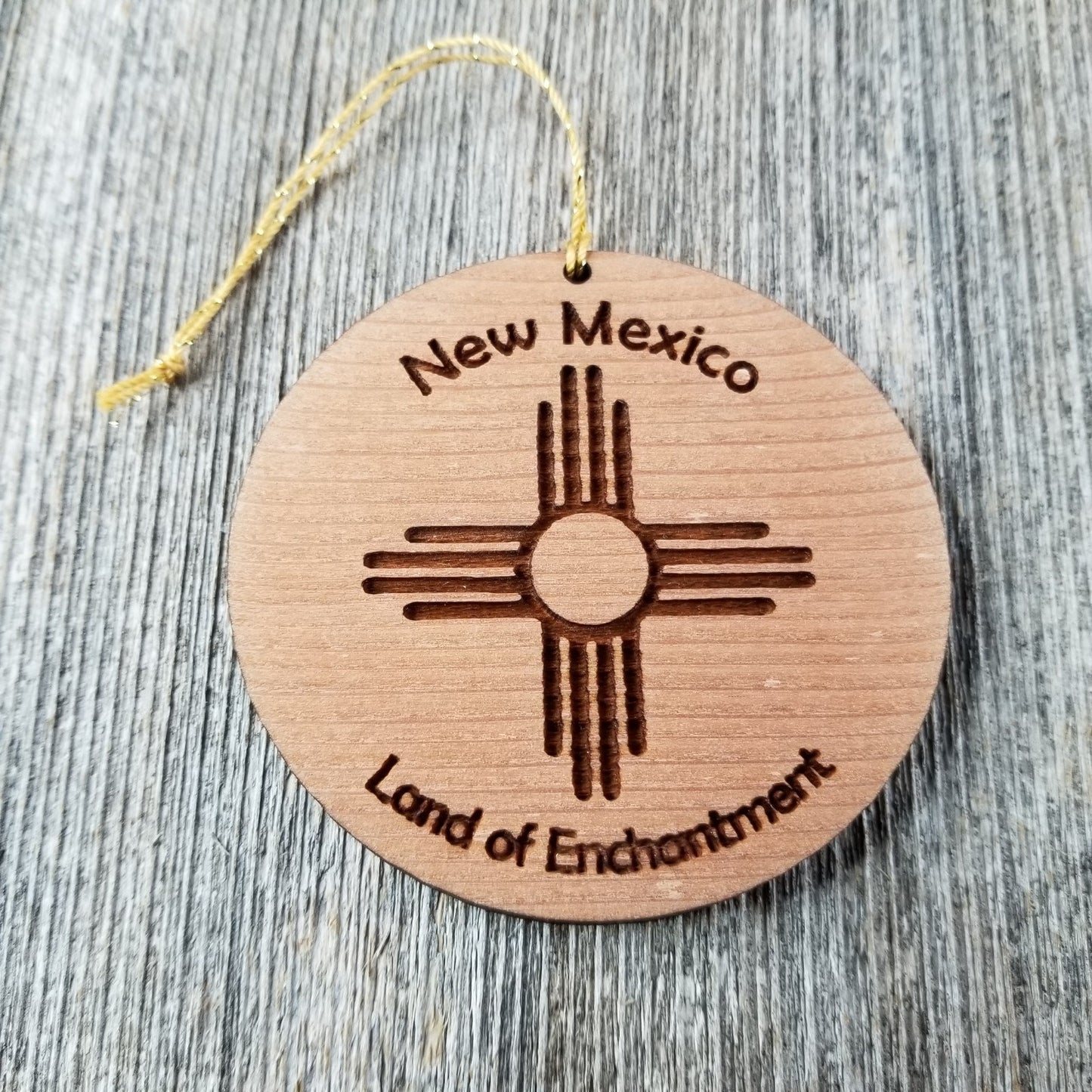 New Mexico Wood Ornament Land of Enchantment Zia Flag Symbol Handmade in USA Souvenir - 15010