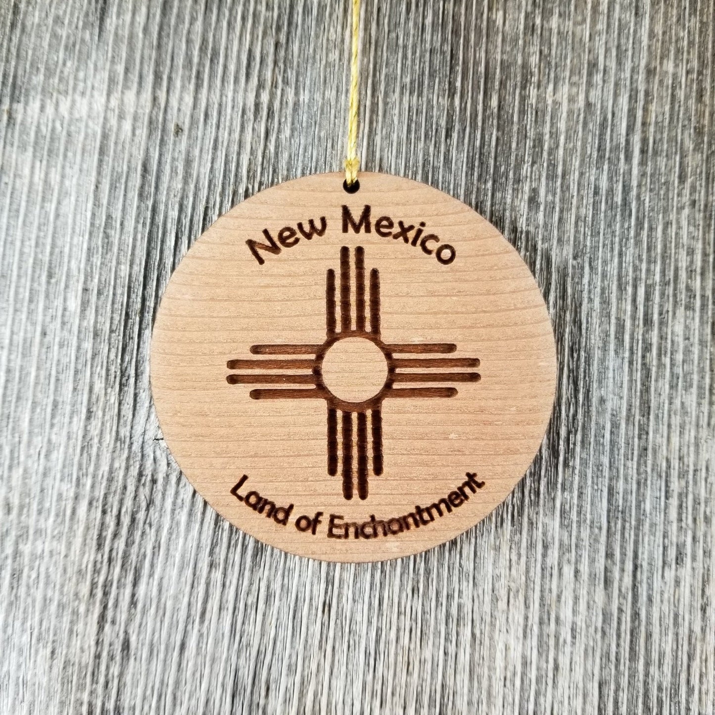 New Mexico Wood Ornament Land of Enchantment Zia Flag Symbol Handmade in USA Souvenir - 15010