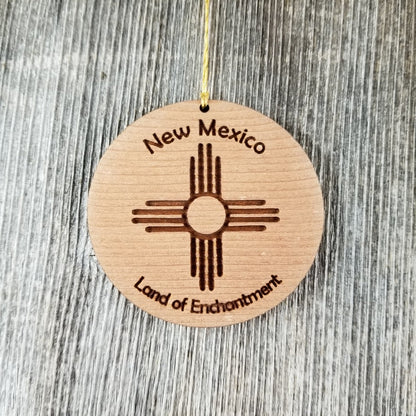 New Mexico Wood Ornament Land of Enchantment Zia Flag Symbol Handmade in USA Souvenir - 15010