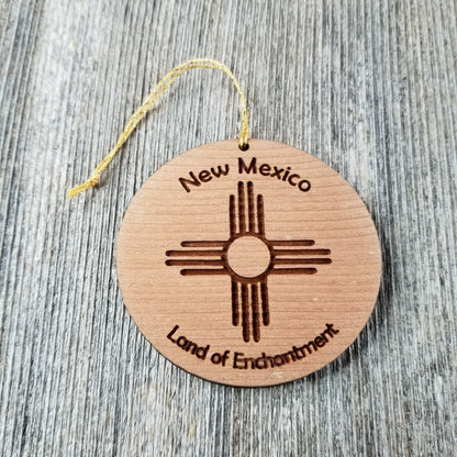 New Mexico Wood Ornament Land of Enchantment Zia Flag Symbol Handmade in USA Souvenir - 15010