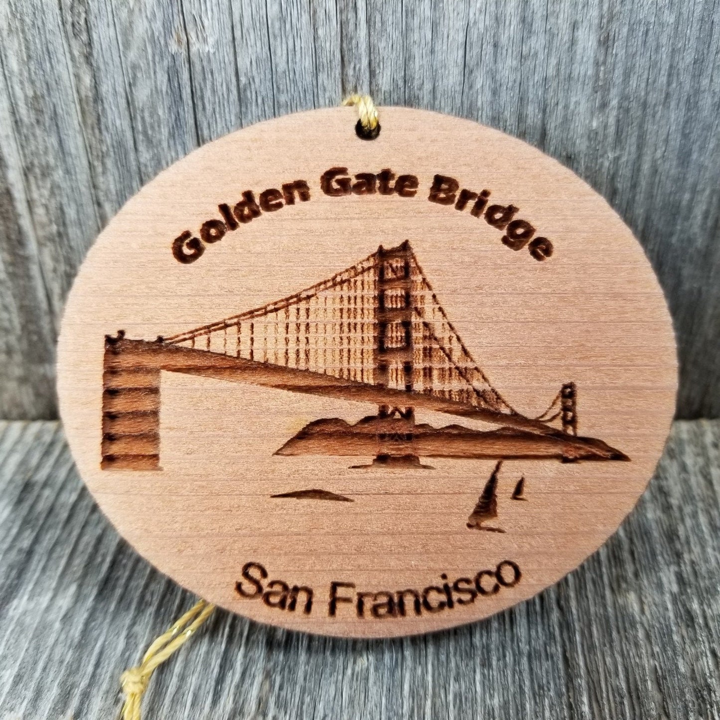 San Francisco California Golden Gate Bridge Christmas Ornament Handmade Wood Memento with Sailboats