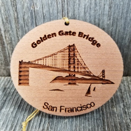 San Francisco California Golden Gate Bridge Christmas Ornament Handmade Wood Memento with Sailboats