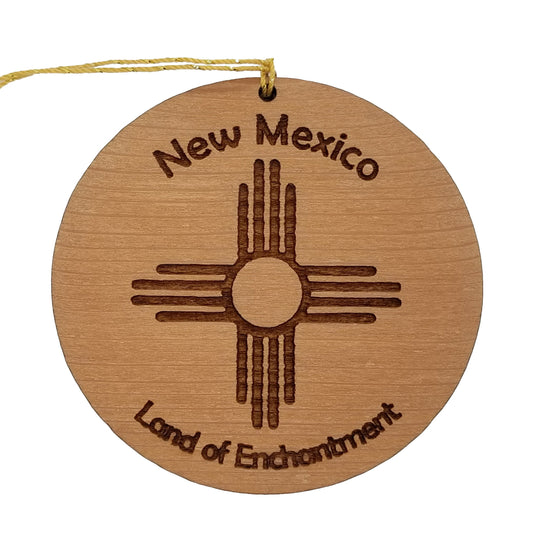 New Mexico Wood Ornament Land of Enchantment Zia Flag Symbol Handmade in USA Souvenir - 15010